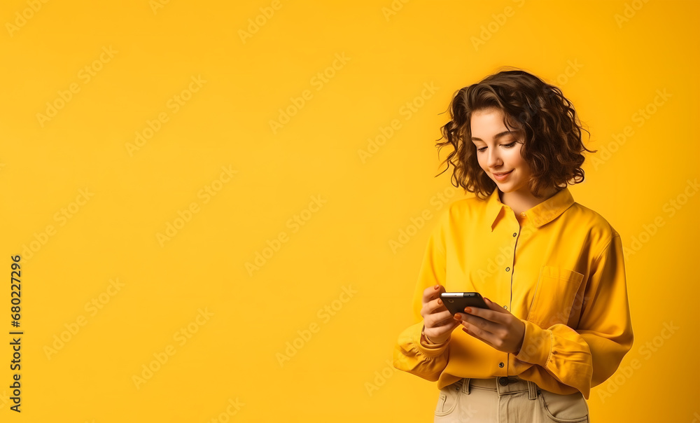 Fototapeta premium Chica agarrando móvil en la mano sobre fondo amarillo. Banner. Espacio para Copy. Chica moderna. Aesthetic. Generado con IA. 