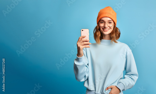 Stampa su tela Chica agarrando móvil en la mano sobre fondo azul