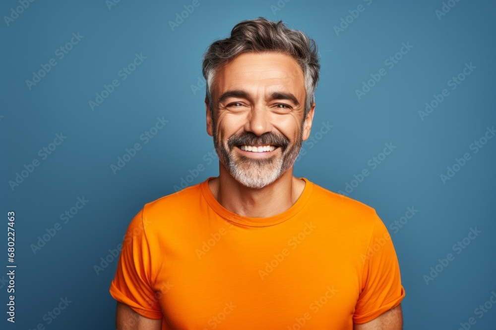Portrait of a smiling man in his 40s donning a trendy cropped top against a solid color backdrop. AI Generation Portrait of a smiling man in his 40s donning a trendy cropped top against a solid color backdrop. AI Generation