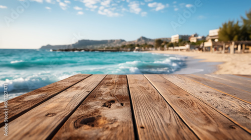 Wooden table on the background blurred sea, island and the blue sky. High quality photo.  © Creator