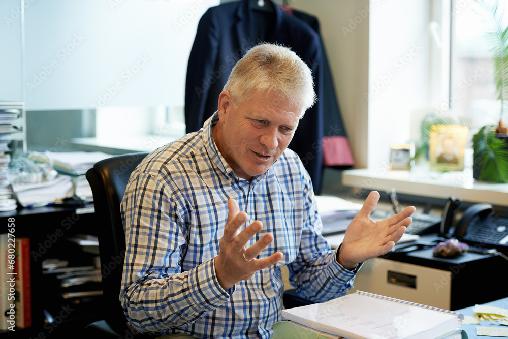 Senior businessman, discussion and thinking in the office for decision, choice or ideas for startup company. Mature male corporate ceo from Canada in wonder for advice or help in modern workplace. Senior businessman, discussion and thinking in the office for decision, choice or ideas for startup company. Mature male corporate ceo from Canada in wonder for advice or help in modern workplace.