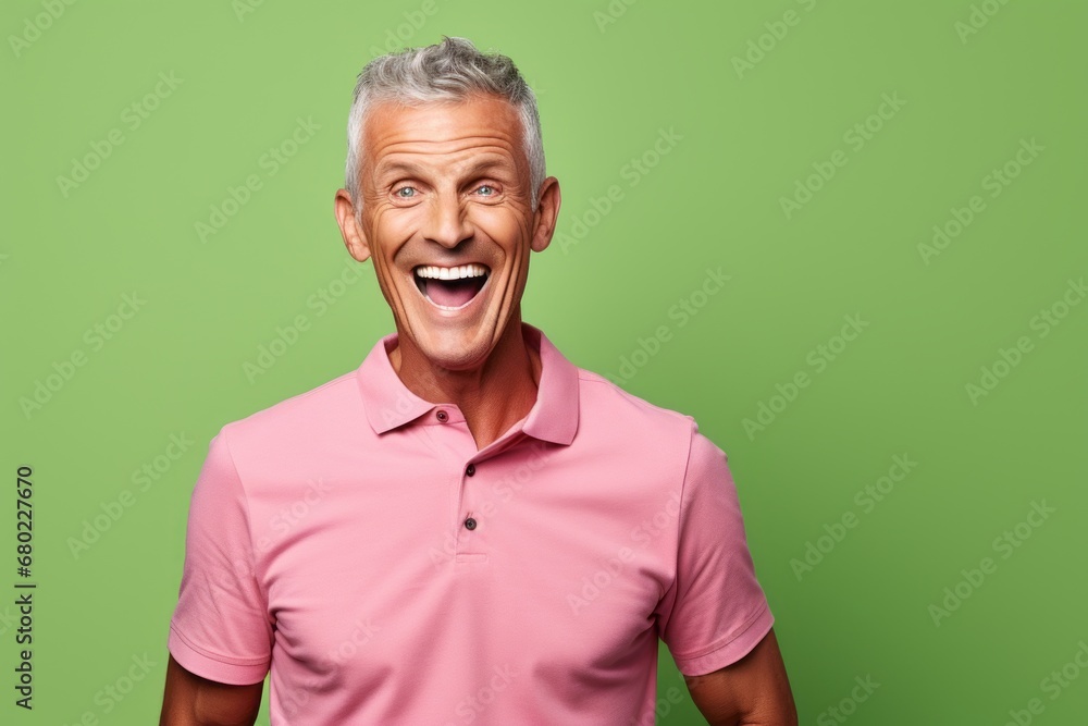 Portrait of a joyful man in his 50s wearing a sporty polo shirt against a solid color backdrop. AI Generation Portrait of a joyful man in his 50s wearing a sporty polo shirt against a solid color backdrop. AI Generation