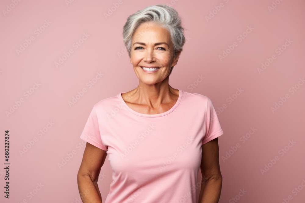 Portrait of a content woman in her 60s dressed in a casual t-shirt against a solid color backdrop. AI Generation Portrait of a content woman in her 60s dressed in a casual t-shirt against a solid color backdrop. AI Generation