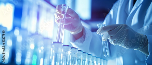 Closeup of lab technician holding test tube for analysis, containing a precision sample, representing advanced biotechnology research. Pharmaceutical machine working. Generative ai