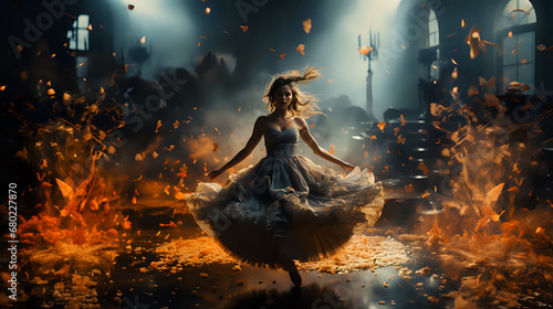 ballerina in a long tutu against the backdrop of a post-apocalyptic burning world