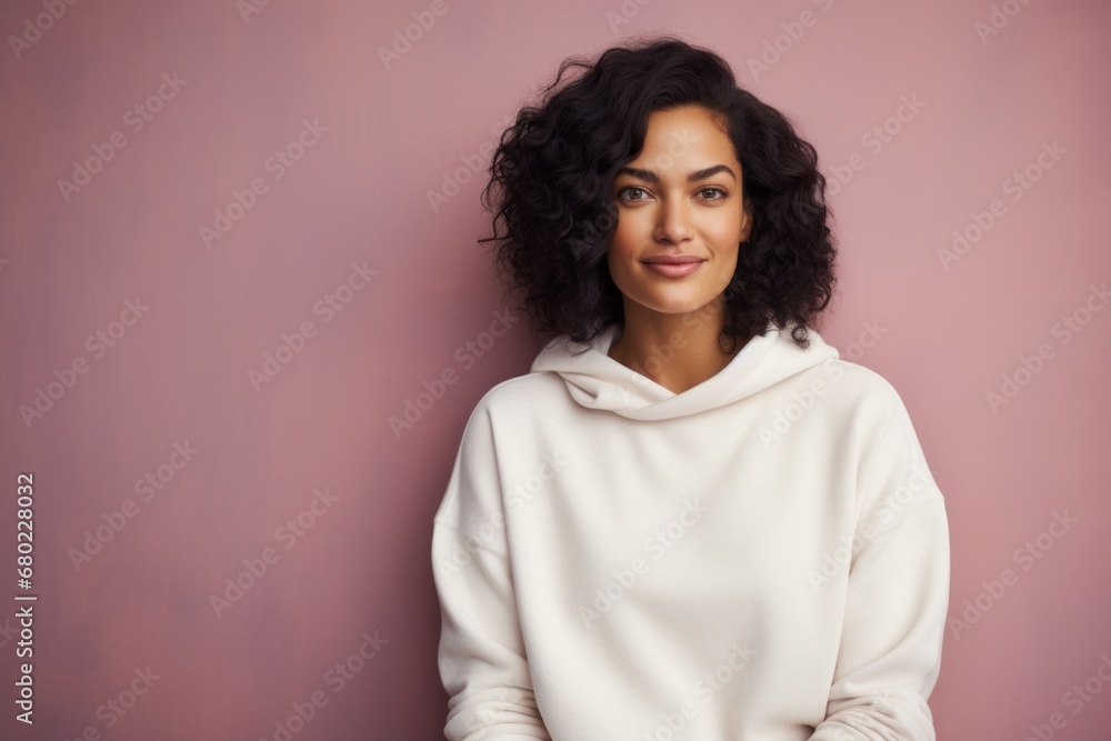 Portrait of a content woman in her 30s dressed in a comfy fleece pullover against a solid pastel color wall. AI Generation Portrait of a content woman in her 30s dressed in a comfy fleece pullover against a solid pastel color wall. AI Generation