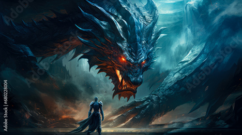 fantasy dragon and a knight in a cave photo