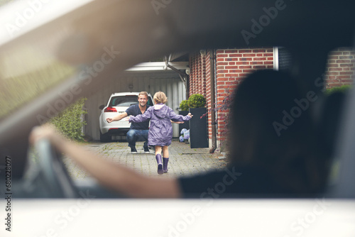 Man, daughter and running outdoor for hug with happiness or excited in driveway for weekend visit. Family, father and girl kid with care, relationship and bonding at home, house or apartment or smile