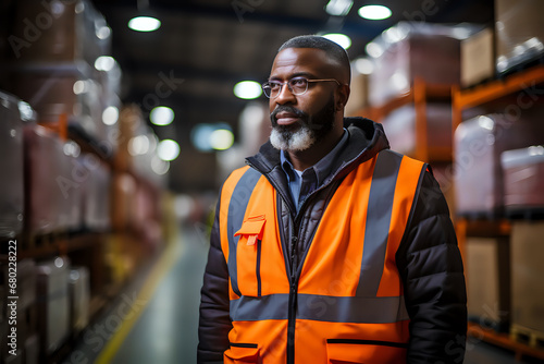 a man in an orange and black jacket against the background of a logistics warehouse with a bunch of packed boxes blurred background