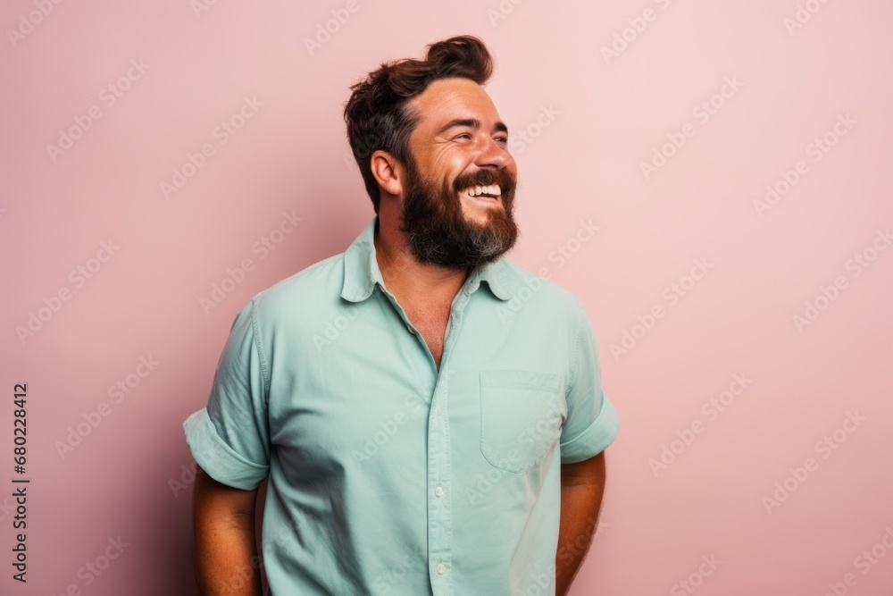Portrait of a joyful man in his 30s sporting a vented fishing shirt against a solid pastel color wall. AI Generation Portrait of a joyful man in his 30s sporting a vented fishing shirt against a solid pastel color wall. AI Generation