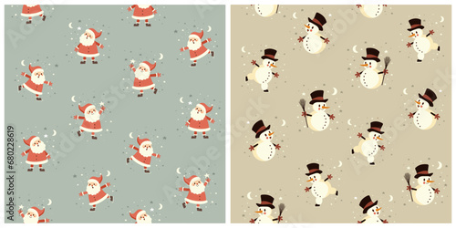 Winter Holidays Seamless Vector Pattern with Cute Snowman and  Happy Santa Claus isolated on a Pale Blue and Dusty Green Background. Simple Hand Drawn Repeatable Christmas Print ideal for Fabric. Rgb.