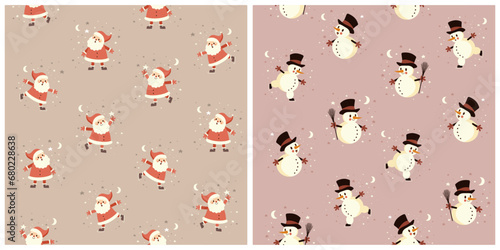 Winter Holidays Seamless Vector Pattern with Cute Snowman and  Happy Santa Claus isolated on a Beige and Dusty Pink Background. Simple Hand Drawn Repeatable Christmas Print ideal for Fabric. Rgb.