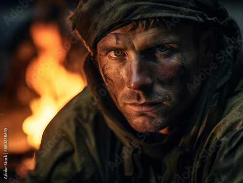 A soldier's intense gaze captured as the warm campfire glow illuminates his face in darkness.