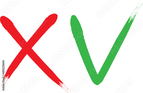 Cross and tick check mark. Grunge mark red x and green v. Right and wrong. Hand drawn vector option, negative and positive vote. Sketch graphic illustration
