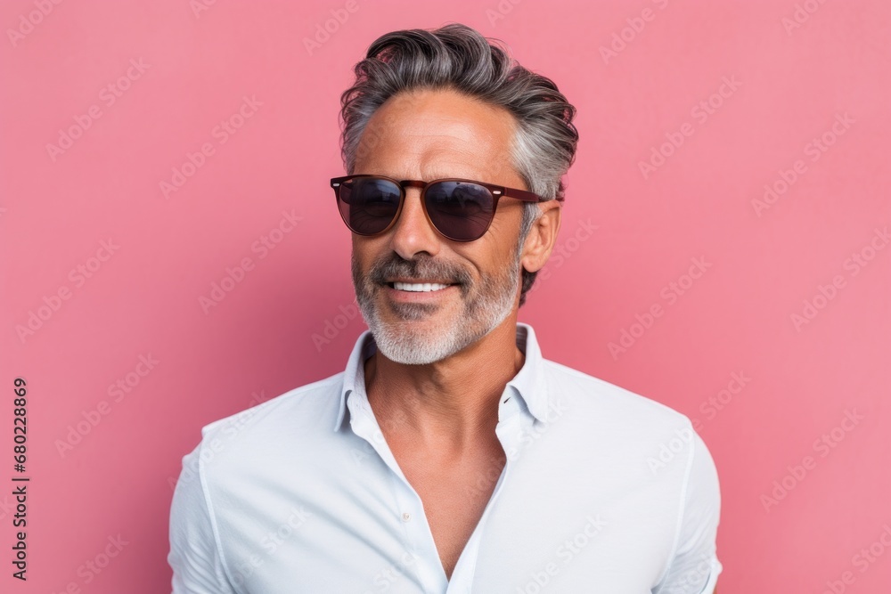 Portrait of a satisfied man in his 40s wearing a trendy sunglasses against a solid pastel color wall. AI Generation Portrait of a satisfied man in his 40s wearing a trendy sunglasses against a solid pastel color wall. AI Generation