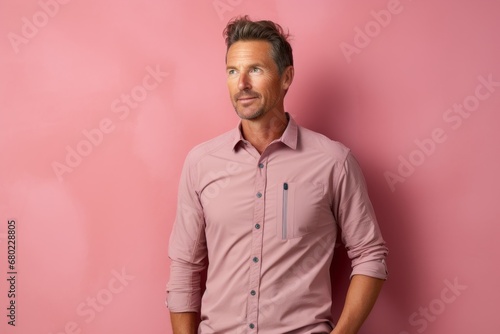 Portrait of a tender man in his 40s sporting a technical climbing shirt against a solid pastel color wall. AI Generation © CogniLens
