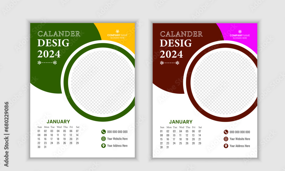 2024 modern  wall calendar design with Monthly printable calendars template for business agency