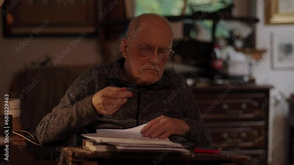 Senior adult working with papers by the desktop sitting in wheelchair Senior adult working with papers by the desktop sitting in wheelchair