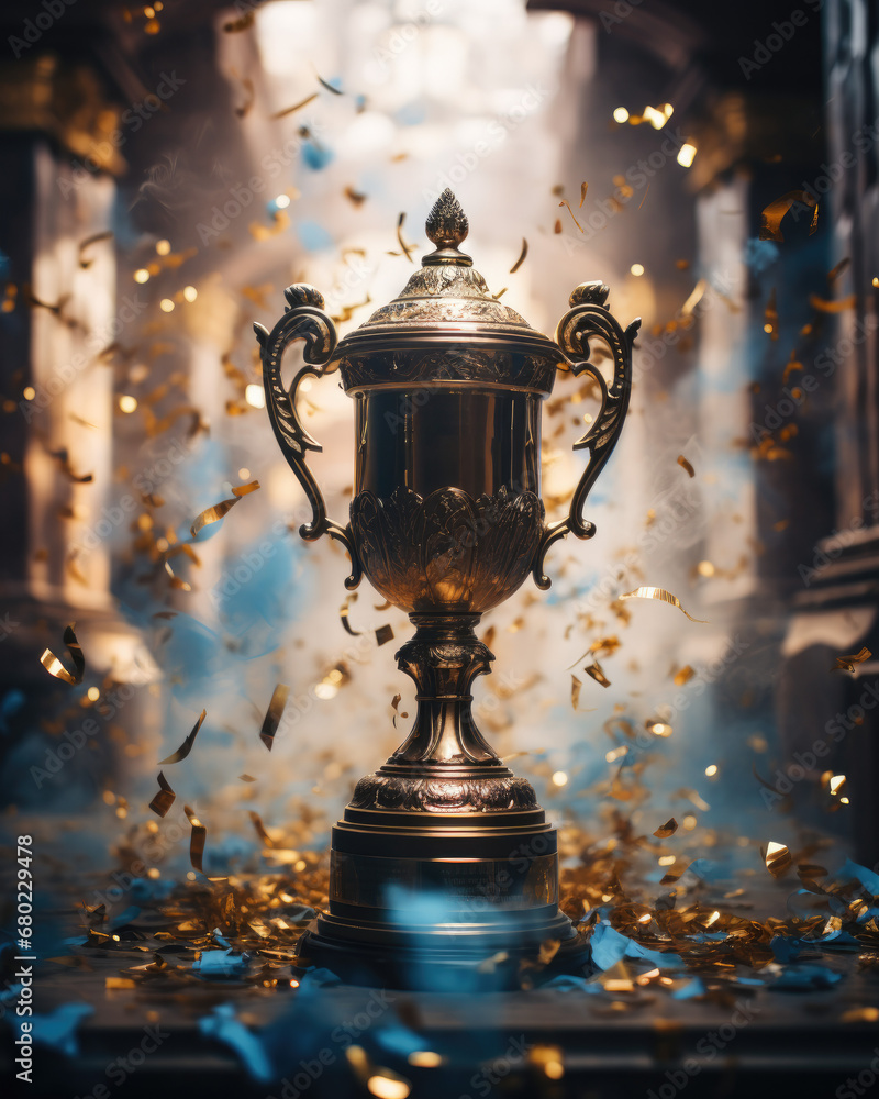 Golden Trophy Celebrated with Confetti with an antique background god and antique concept, win a prestigious sport competition Golden Trophy Celebrated with Confetti with an antique background god and antique concept, win a prestigious sport competition