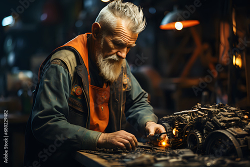 an elderly man is an auto mechanic, an auto mechanic in a dirty robe is repairing a car part