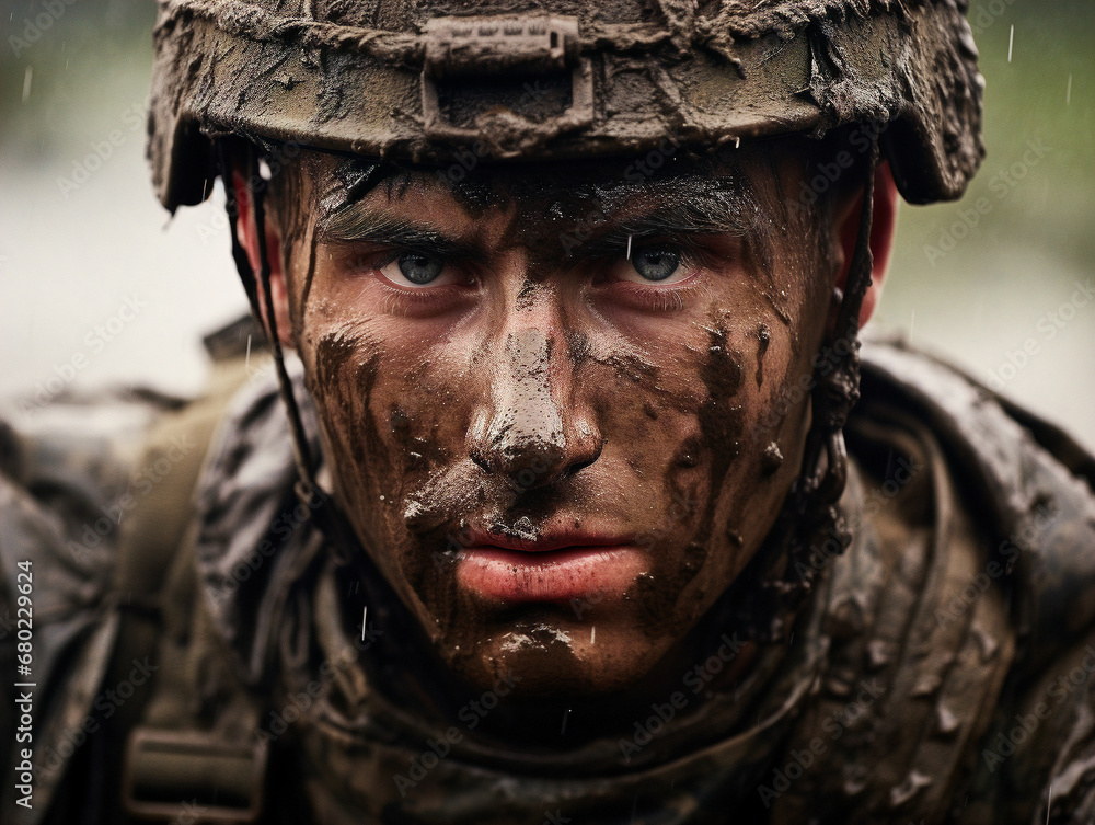 Fototapeta premium A determined soldier with a mud-covered face, displaying exhaustion and unwavering resolve.