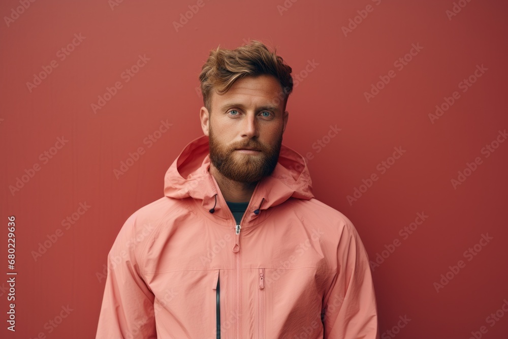 Portrait of a glad man in his 20s wearing a windproof softshell against a solid pastel color wall. AI Generation Portrait of a glad man in his 20s wearing a windproof softshell against a solid pastel color wall. AI Generation