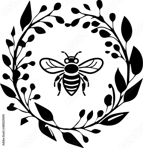 Bee in Floral Wreath Vector Illustration