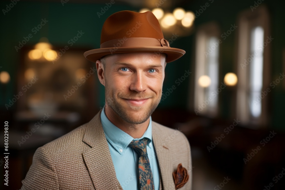 Portrait of a smiling man in his 30s donning a classic fedora against a scandinavian-style interior background. AI Generation Portrait of a smiling man in his 30s donning a classic fedora against a scandinavian-style interior background. AI Generation