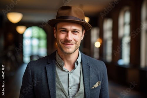 Portrait of a smiling man in his 30s donning a classic fedora against a scandinavian-style interior background. AI Generation