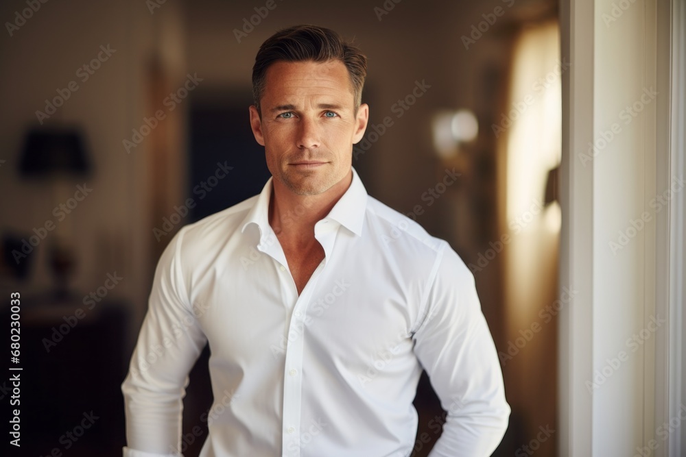Obraz premium Portrait of a tender man in his 40s wearing a classic white shirt against a scandinavian-style interior background. AI Generation