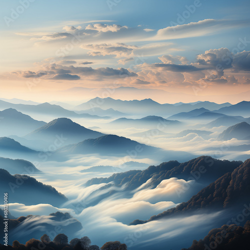  gentle clouds resembling delicate morning mists floating over a serene landscape © Wesley