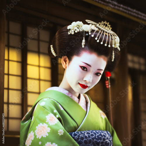 geisha women wearing traditional japanese costumes on a background of old national interior