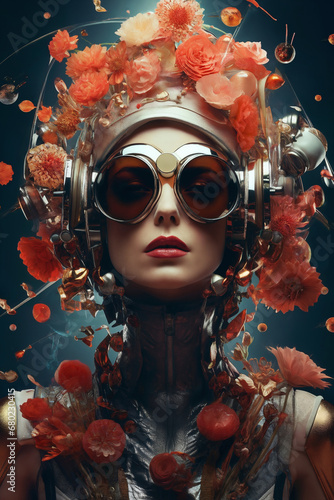 portrait of a woman, in futuristic abstract style, goggles and helmet, flowers around head, beautiful face, abstract background