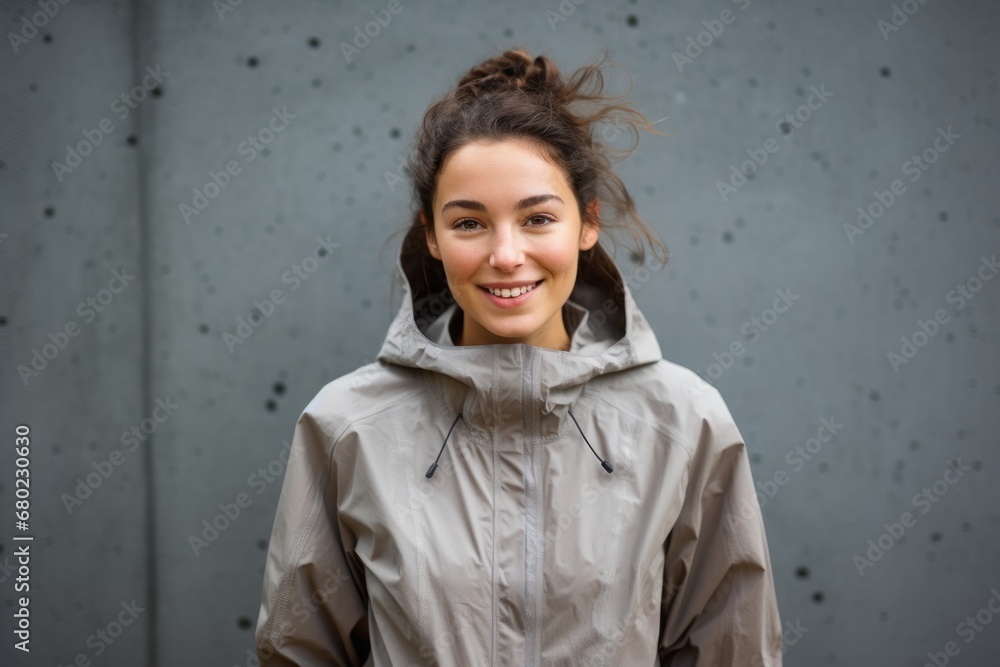 Portrait of a blissful woman in her 30s wearing a functional windbreaker against a bare concrete or plaster wall. AI Generation Portrait of a blissful woman in her 30s wearing a functional windbreaker against a bare concrete or plaster wall. AI Generation