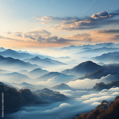  gentle clouds resembling delicate morning mists floating over a serene landscape