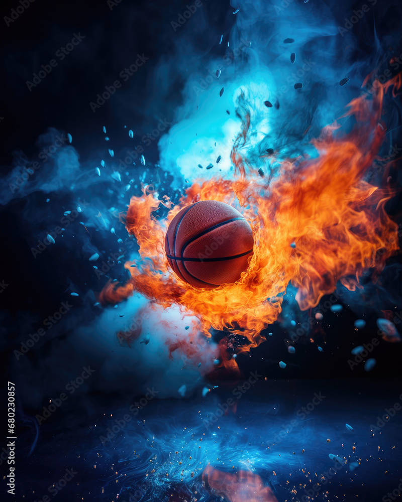 Cosmic basketball on fire in a celestial explosion with smoke and surreal blue background