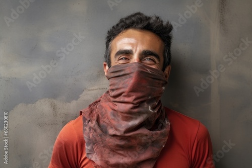Portrait of a joyful man in his 30s wearing a protective neck gaiter against a bare concrete or plaster wall. AI Generation photo