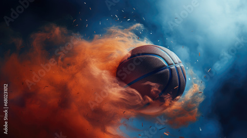 Basketball ball close-up in Celestial Flames, cosmic wallpaper contrasted with orange smoke and dark blue sky © kiddsgn