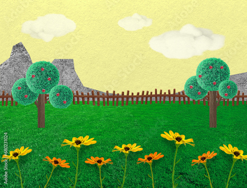 Quadro su tela Collage Landscape meadow with flowers sunny day countryside with season changes