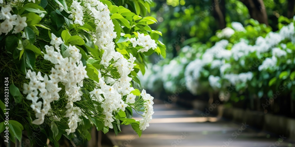 Tropical Elegance - White Flowers and Green Leaves Lining a Beautiful Alley - Ornamental Plants Creating a Serene Green Background 