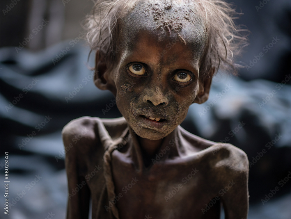 A heartbreaking photo capturing the suffering of a malnourished child, surrounded by despair and hunger.