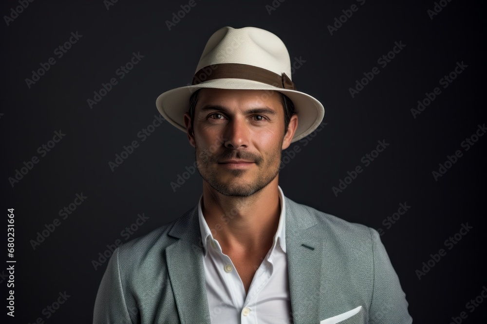 Portrait of a content man in his 30s donning a classic fedora against a blank studio backdrop. AI Generation Portrait of a content man in his 30s donning a classic fedora against a blank studio backdrop. AI Generation