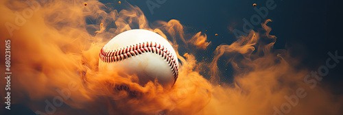 creative panorama banner with baseball in orange cloud of smoke  photo