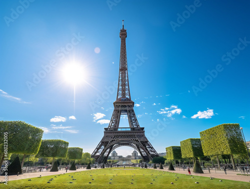 Breathtaking view of the Eiffel Tower shining against a clear sky in early morning light. © Lotti