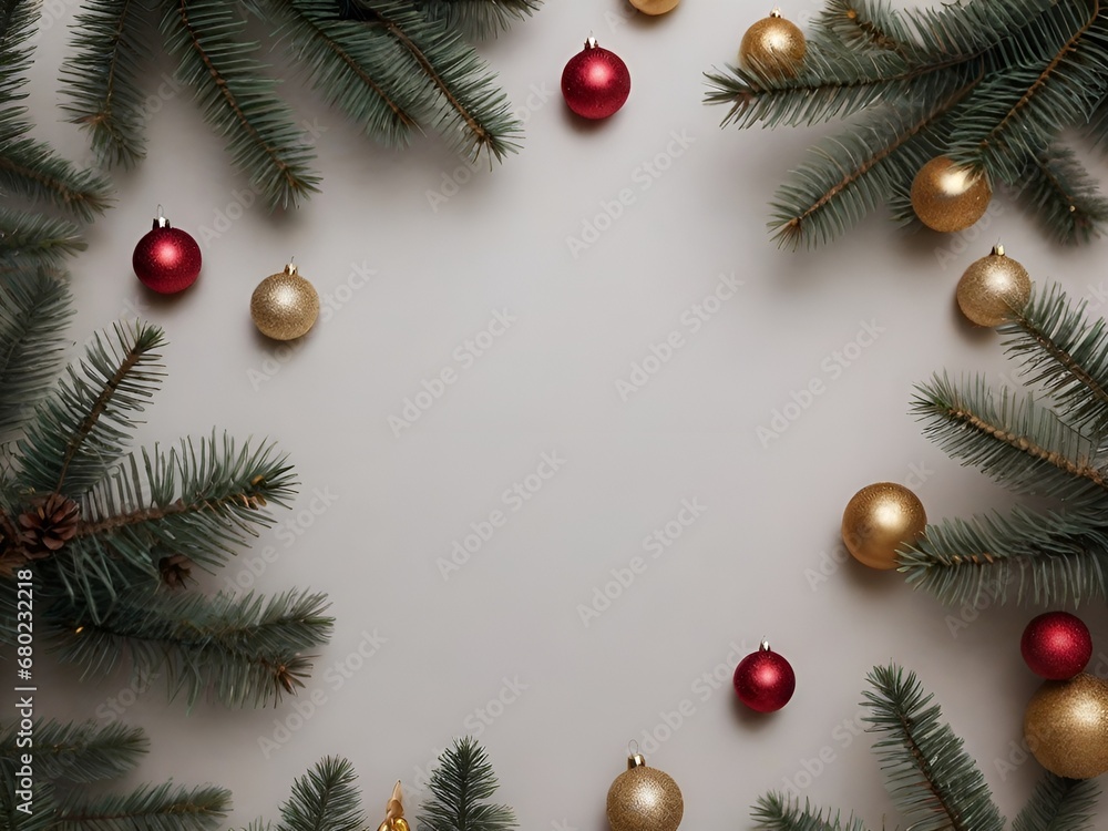 Christmas background with fir branches, red and gold balls on gray background Christmas background with fir branches, red and gold balls on gray background