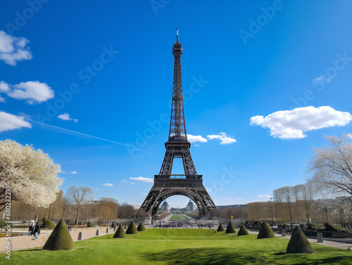 "A clear sky frames the stunning Eiffel Tower, creating a picturesque view of Parisian beauty."
