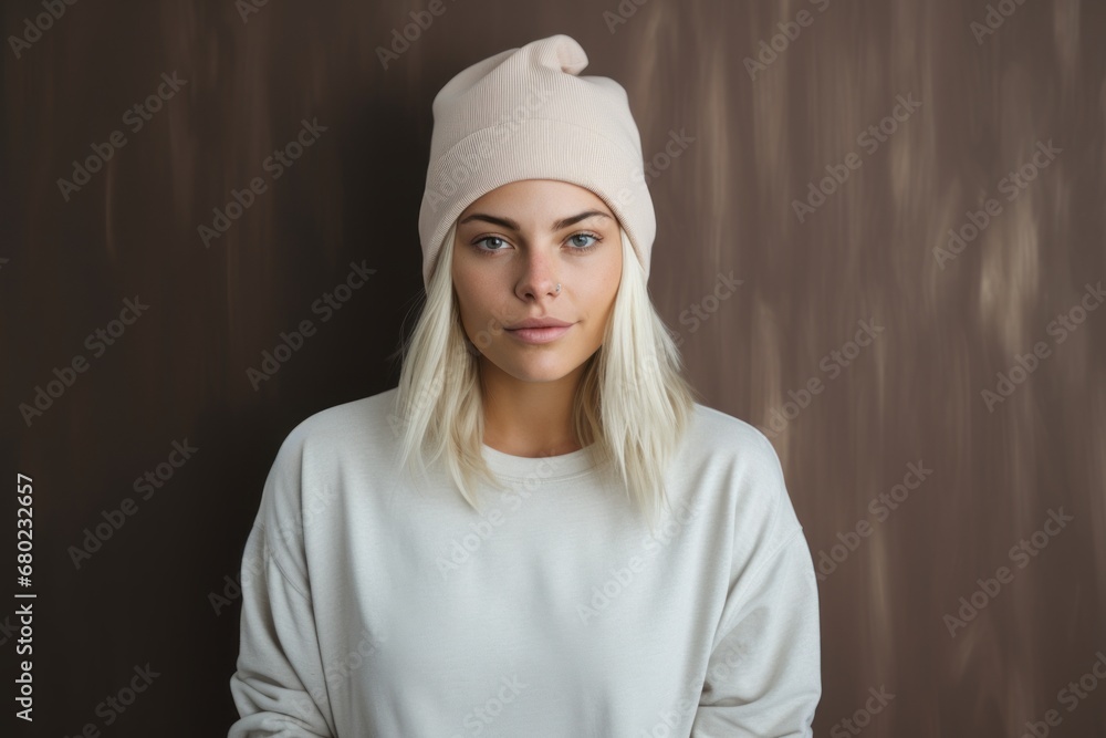 Portrait of a content woman in her 20s sporting a trendy beanie against a light wood minimalistic setup. AI Generation Portrait of a content woman in her 20s sporting a trendy beanie against a light wood minimalistic setup. AI Generation