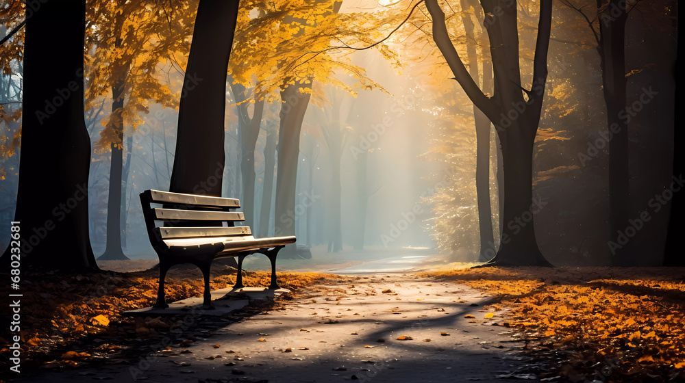 A bench sitting on a road in the middle of a forest with yellow leaves on the ground and trees
