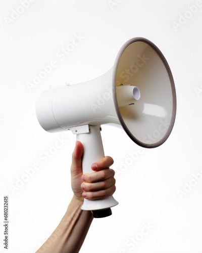 hand holding a white megaphone isolated on a white background, graphic resource for a bussiness presentation