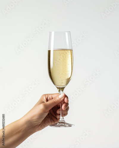 A Toast to Celebration, hand holding a glass of champagne on a white background